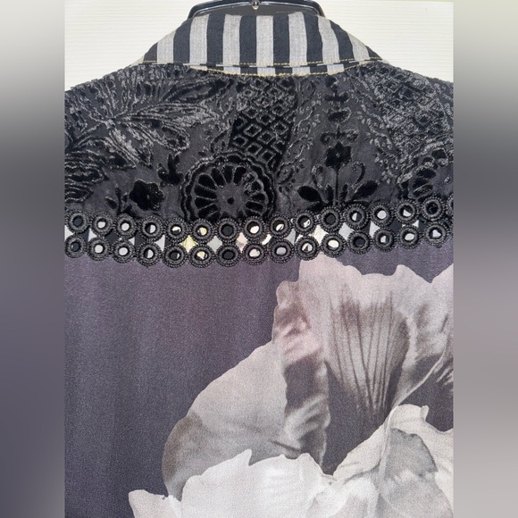 John Mark Black and Gray Striped Floral Embroidered Top - Picture 10 of 16